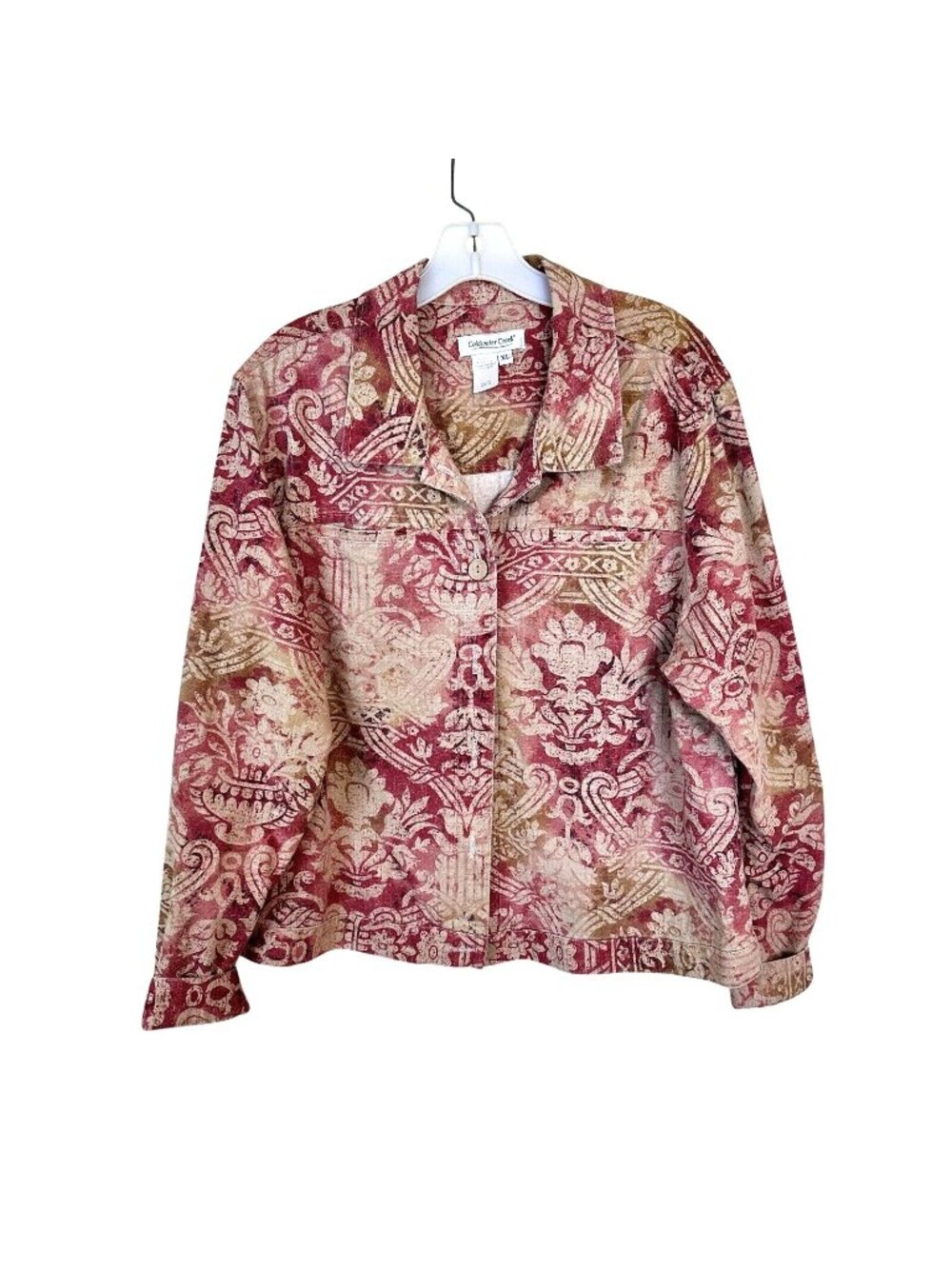 Womens 100% Cotton Lightweight Jacket Button Up Collar Tan & Burgundy XL Floral